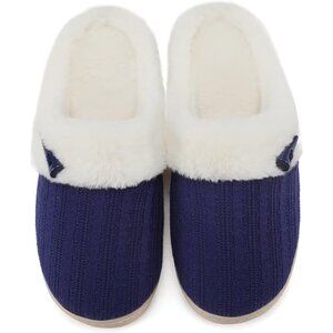 Women's Dark Blue Scuff Fur Lining Memory Warm Foam Plush Rubber Slippers Shoes